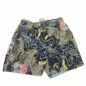 Speedo Mens XL Brown Blue Hawaiian Wave Floral Mesh Lined Swim Trunk Shorts